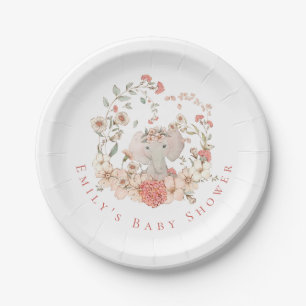 Vintage-Elefanten-Blumen Weiß Mädchen Baby Shower Pappteller