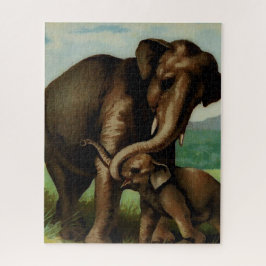 Vintage Elefantenkuh mit ihrem Puzzle