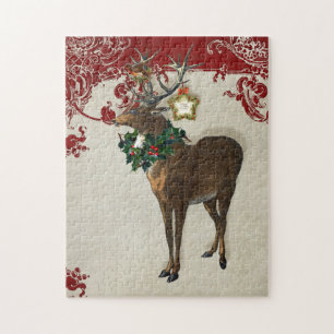 Vintage Elegance Christmas Deer Antlers Damask Puzzle