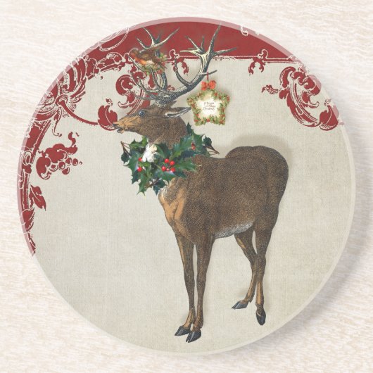 Vintage Elegance Christmas Deer Antlers Damask Sandstein Untersetzer (Vorne)