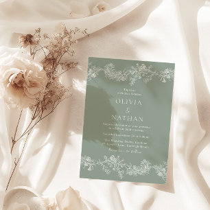 Vintage Elegance Classic Blumenweih Grüne Hochzeit Einladung
