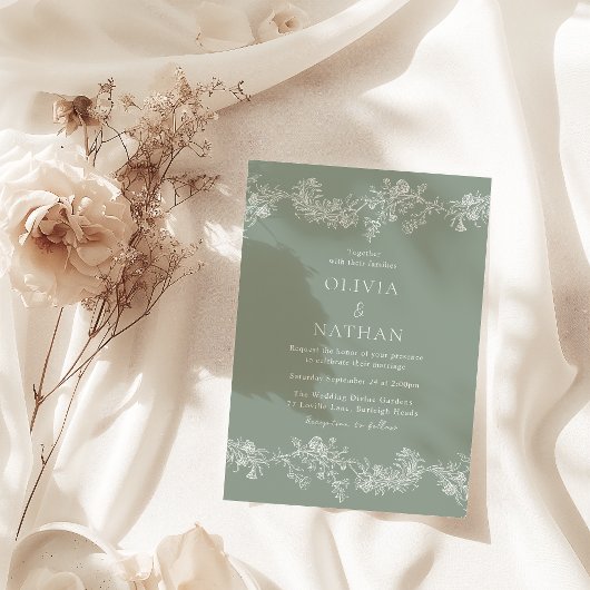 Vintage Elegance Classic Blumenweih Grüne Hochzeit Einladung