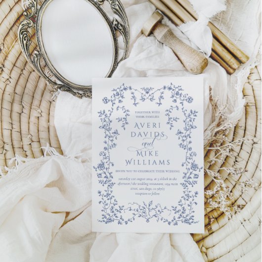 Vintage Eleganse Dusty Blue Flowers Frame Wedding Einladung