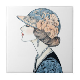 Vintage Elegant Art Deco Mode Lady Hat Pearls Fliese