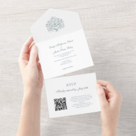 Vintage Elegant Dusty Blue Baroque QR Code Wedding All In One Einladung