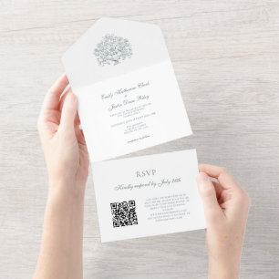 Vintage Elegant Dusty Blue Baroque QR Code Wedding All In One Einladung