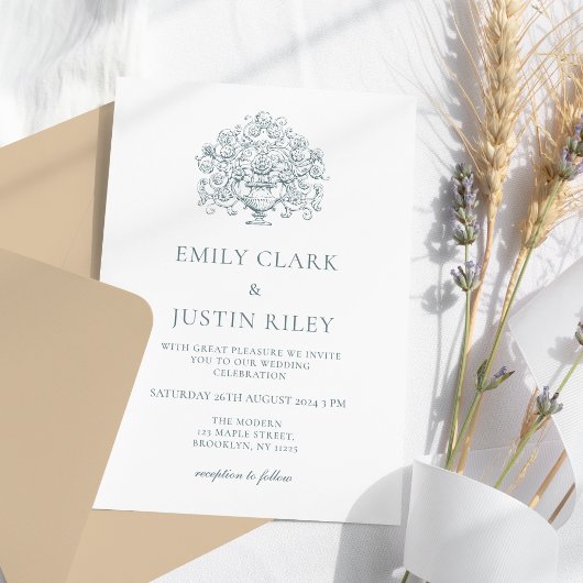 Vintage Elegant Dusty Blue Baroque Wedding Einladung