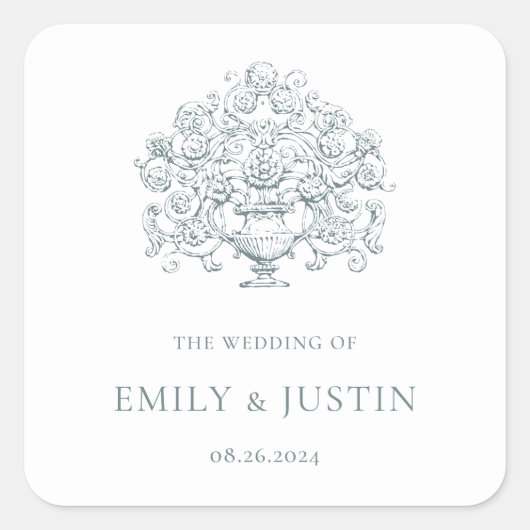 Vintage Elegant Dusty Blue Baroque Wedding Quadratischer Aufkleber (Vorderseite)