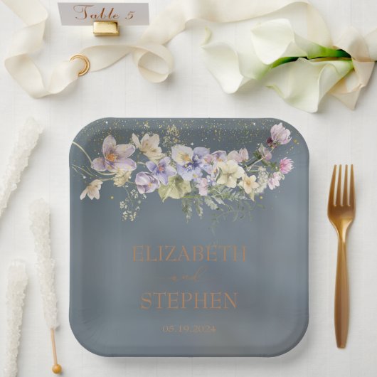 Vintage Elegant Dusty Blue Floral Wedding Pappteller (Hochzeit)