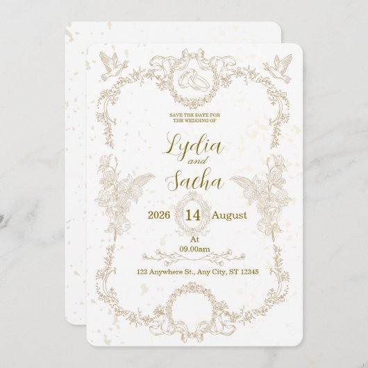 Vintage Elegant Floral Frame Wedding Invitation Einladung (Vorne/Hinten)