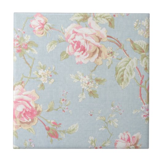 vintage elegant, hellblau, rosa, Rosenmuster Fliese (Vorderseite)