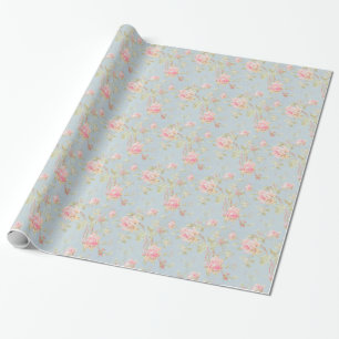 vintage elegant, hellblau, rosa, Rosenmuster Geschenkpapier