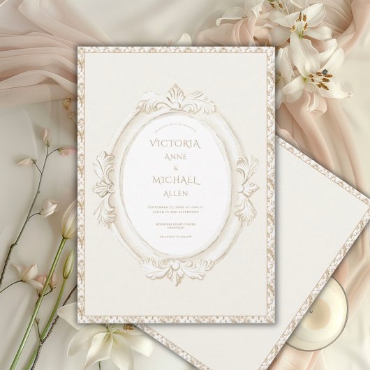 Vintage Elegant Neutral Damask Wedding Einladung