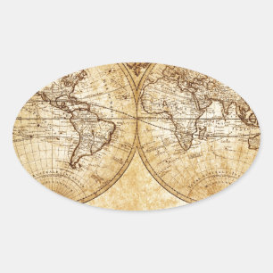 Vintage, elegant, rustikaler Globus, Atlas Karte b Ovaler Aufkleber