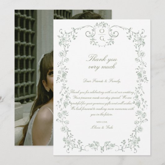 Vintage Elegant Sage Green French Floral Dankeskarte (Vorne/Hinten)
