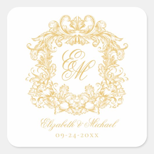 Vintage Elegant Wedding Monogram Crest Gold Quadratischer Aufkleber (Vorderseite)