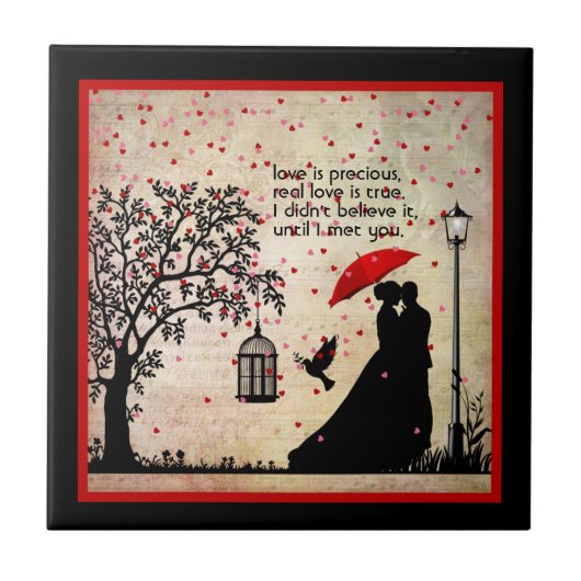 Vintage Elegante, Beige & Schwarze Poesie Fliese (Vorderseite)