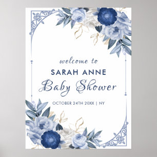 Vintage Elegante Blaue Blumeneinladung zur Babypar Poster
