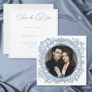 Vintage Elegante Blaue Wappen-Garten-Foto-Hochzeit Save The Date