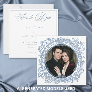 Vintage Elegante Blaue Wappen-Garten-Foto-Hochzeit Save The Date