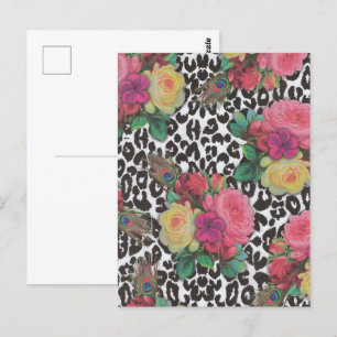 vintage elegante Blumen Gepard Pfau floral Postkarte