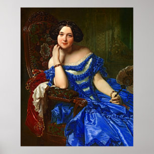 Vintage elegante Dame in blauem Kleid Poster
