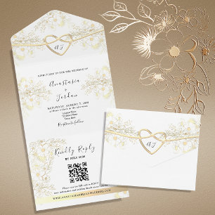 Vintage Elegante Florale Gold Herz Hochzeit  All In One Einladung
