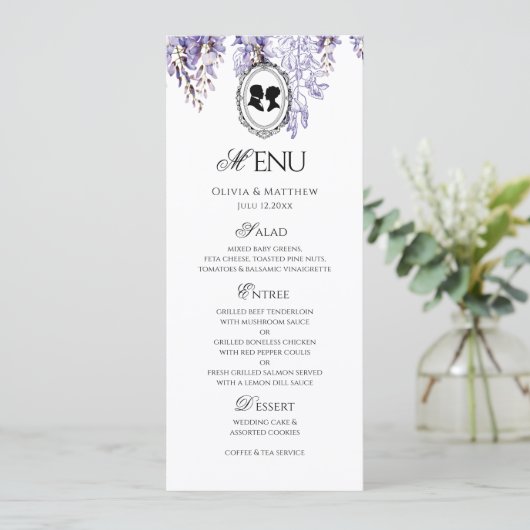 Vintage elegante florale Regency-Hochzeitsmenü Programm (Stehend Vorderseite)