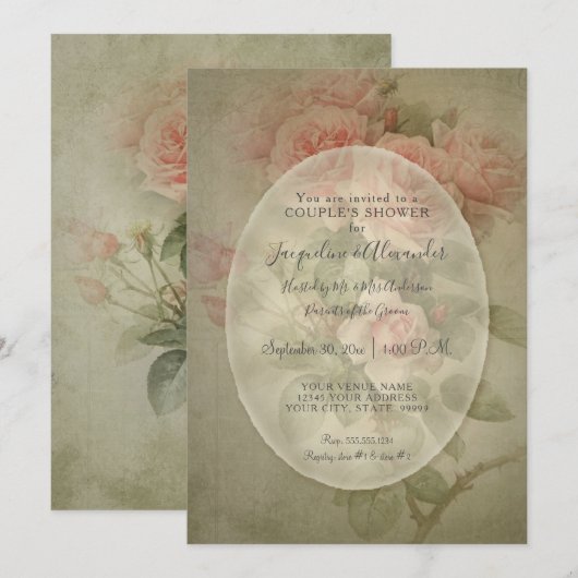 Vintage Elegante Rose Blumenzage Grüne Foliage Bie Einladung (Vorne/Hinten)