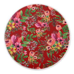 Vintage Elegante Rote Flora Keramik Pull Keramikknauf
