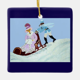 Vintage elegante Windhund-Paar mit Schlitten Keramikornament