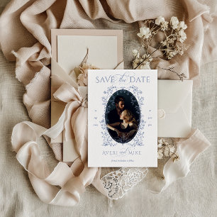 Vintage Eleganz Blaue Blumen Foto Hochzeit Save The Date