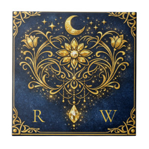 Vintage-Eleganz Mystisches Gold Himmelsmonogramm Fliese