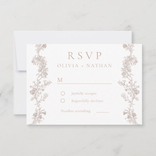Vintage Eleganz: Neutrale klassische Blumenhochzei RSVP Karte (Vorderseite)