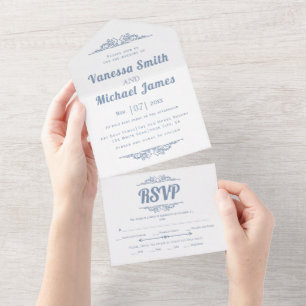 Vintage Elemente staubblaue Typografie Hochzeit All In One Einladung