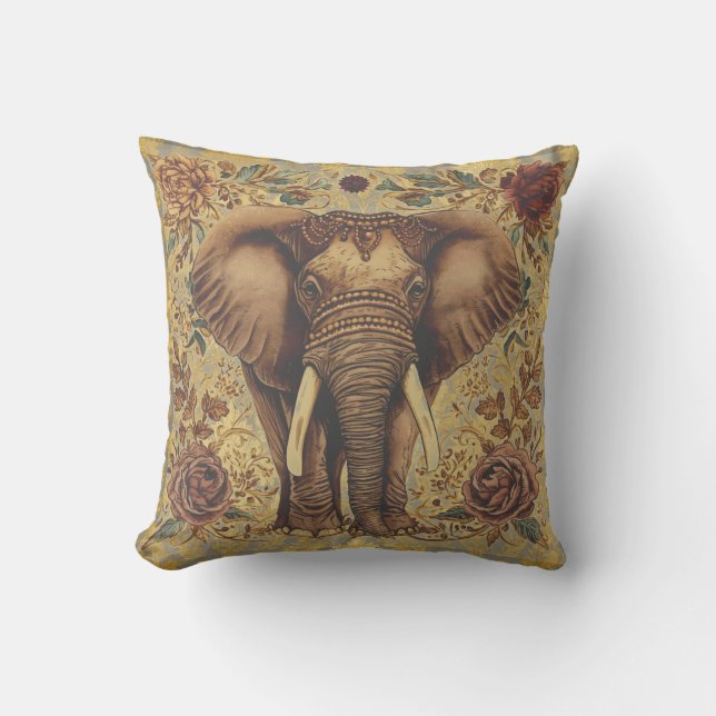 Vintage Elephant, Antique Elephant Flowers Pattern Kissen (Vorderseite)
