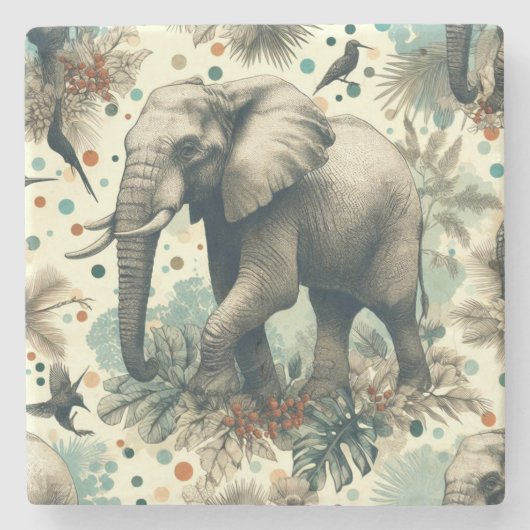 Vintage Elephant Dschungelmalerei Steinuntersetzer (Vorderseite)