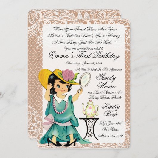 Vintage Elfenbein Burlap zum ersten Geburtstag Einladung (Vorne/Hinten)