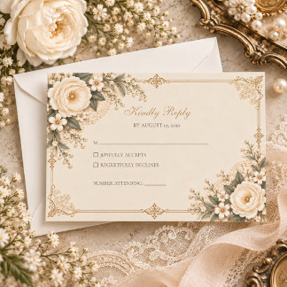 Vintage Elfenbein-Erbstück-Spitzen-Blumenromanze-H RSVP Karte