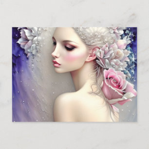 Vintage Elfenbein-Rose in Silber und Karo Postkarte