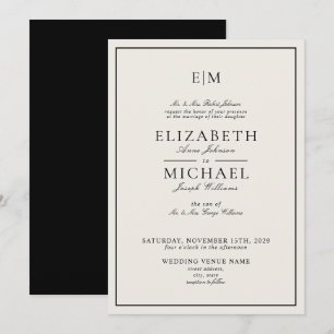 Vintage Elfenbein-Schwarze Klassische Monogramm-Ho Einladung