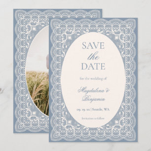 Vintage Elfenbein-Spitze Elegante Staubblaue Chic- Save The Date