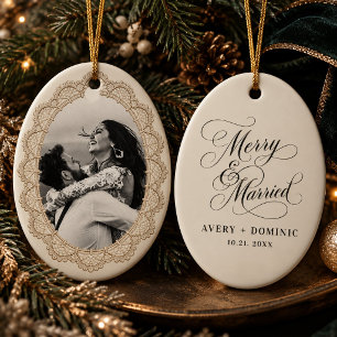 Vintage-Elfenbein-Spitze-Merry-&-Married-Hochzeits Keramik Ornament