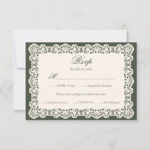 Vintage Elfenbein-Spitze Oliven Grün Hochzeitsmenü RSVP Karte