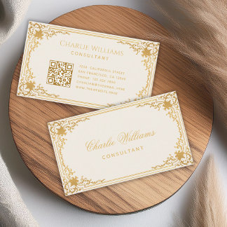 Vintage Elfenbein und Gold Elegante Kalligrafie QR Visitenkarte