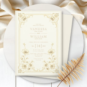 Vintage Elfenbein- und Sepia-Blumenrahmen Hochzeit Einladung