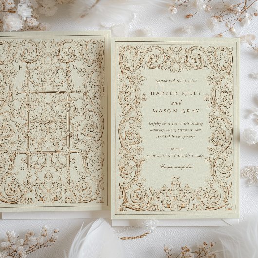 Vintage Elfenbeinbraun-Verzierte Hochzeitsscrollwo Einladung