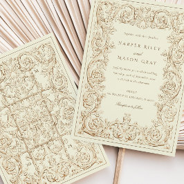 Vintage Elfenbeinbraun-Verzierte Hochzeitsscrollwo Einladung