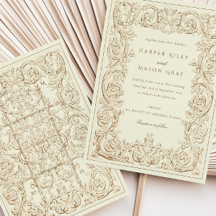 Vintage Elfenbeinbraun-Verzierte Hochzeitsscrollwo Einladung