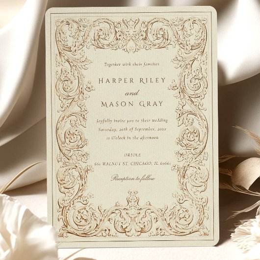 Vintage Elfenbeinbraun-Verzierte Hochzeitsscrollwo Einladung